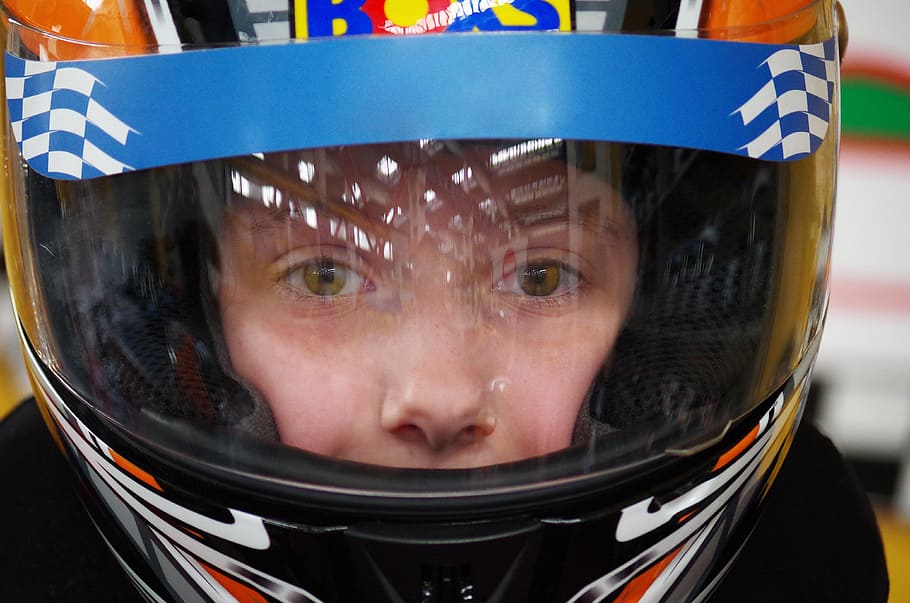 Go Karts, Race, Ride, Child, Helmet, headshot, looking at camera, portrait, one person, close-up