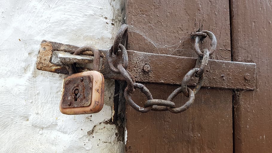 brown chain lock, castle, chain lock, u-lock, door, goal, wood barn, metal, iron, completed
