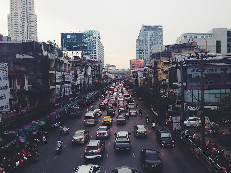 cars, scooters, bikes, mopeds, traffic, busy, city, thailand, asia, buildings