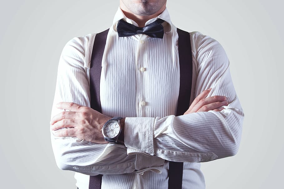 men, white, dress shirt, man, person, shirt, bow tie, suspender, appareal, braces