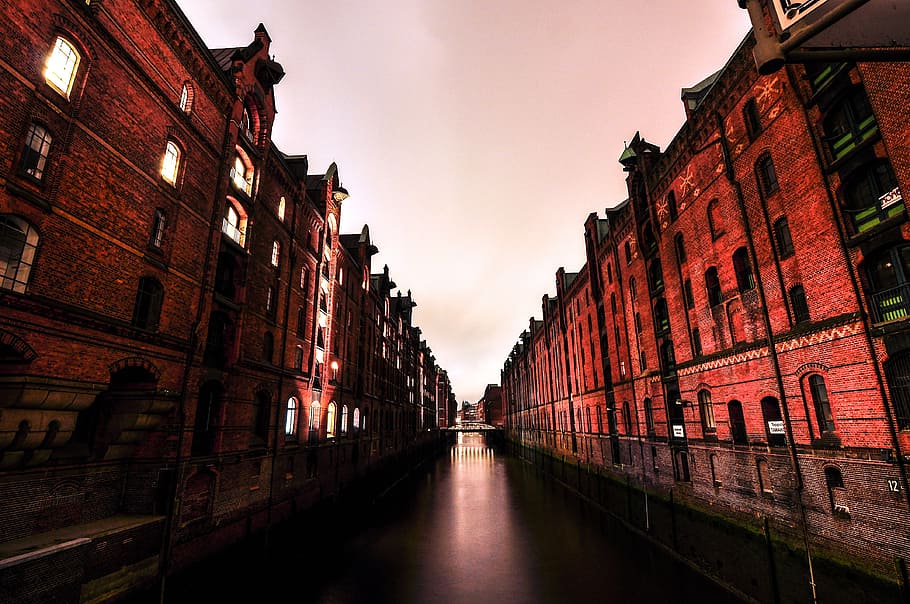 river between buildings, hamburg, canal, passage, river, water, city, warehouse, industrial, germany