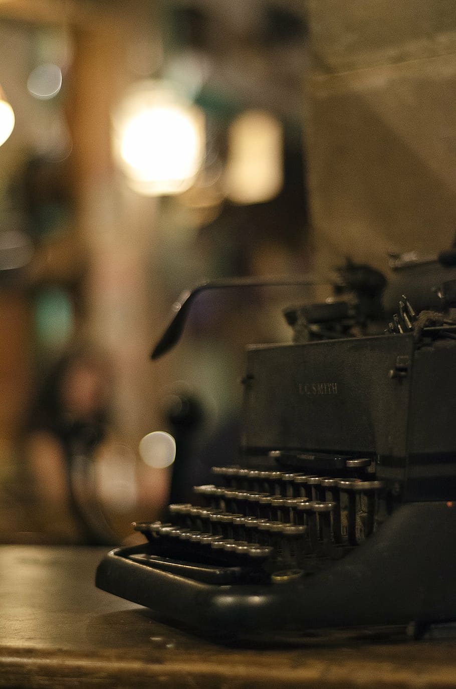 black, typewriter, wooden, table, old, vintage, bokeh, antique, text, focus