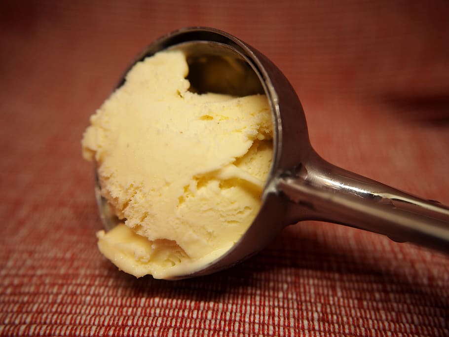 スクープ, アイスクリーム, 茶色, 表面, 氷, デザート, 甘い, バニラアイスクリーム, 食べ物, バニラ