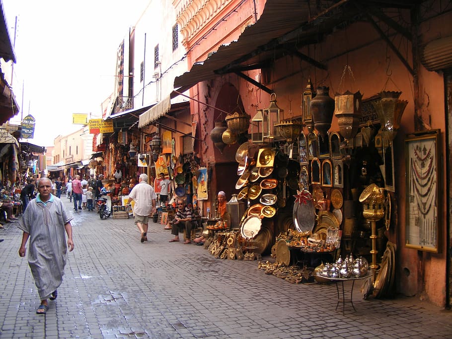 gente, Market Street, durante el día, Marrakech, lámparas, zoco, medina, marroquí, artesanía, tradicional