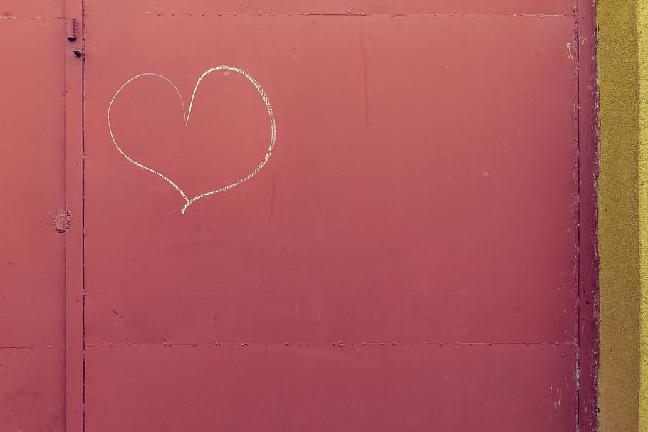 red metal gate, steel, wall, door, pink, heart, heart shape, love, red, day