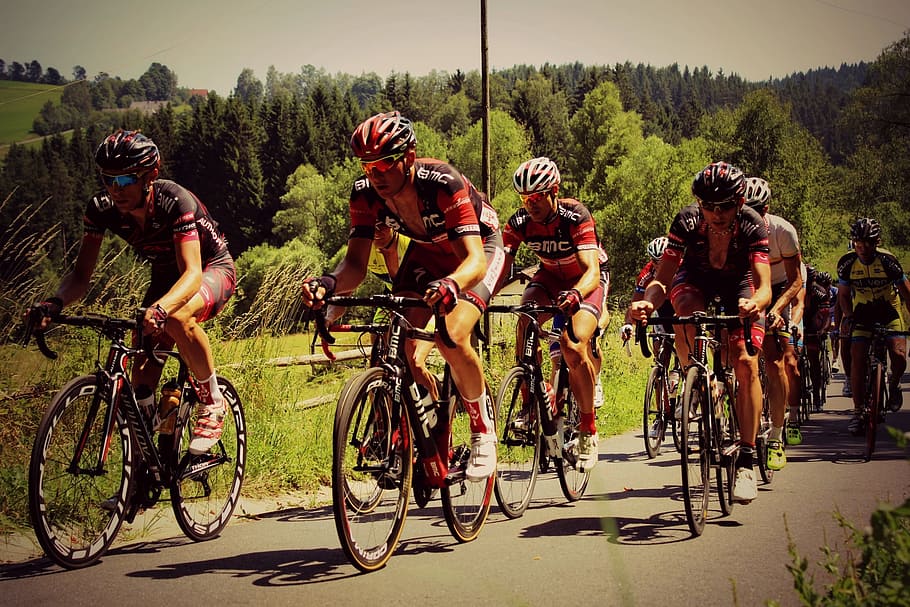 group, people rides, road bikes, Road Cycling, Helmet, Round, Team, summer, asphalt, heat