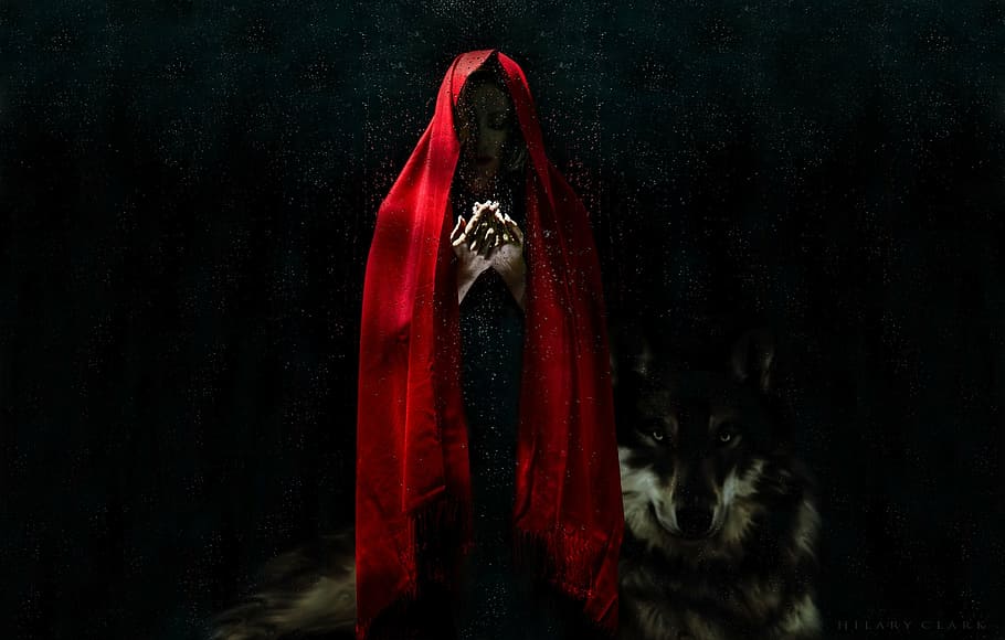 red cloak, woman, red, girl, female, lady, color, dark, fantasy, wolf