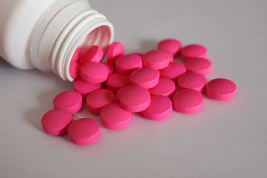 round, pink, medication pills, white, surface, painkillers, pills, medicine, drug, remedy