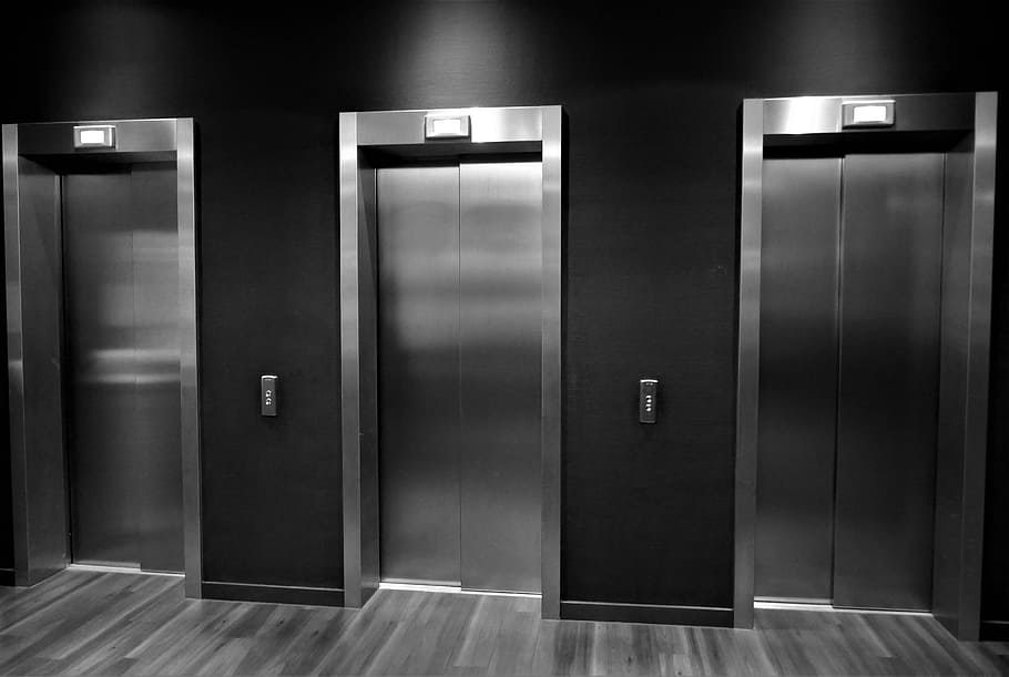 three, grey, stainless, steel elevator doors, elevator, ladder, house technology, building technology, transport, elevator door