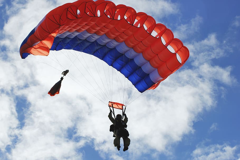 sky, clouds, fly, parachute, adventure, people, man, extreme sports, mid-air, flying
