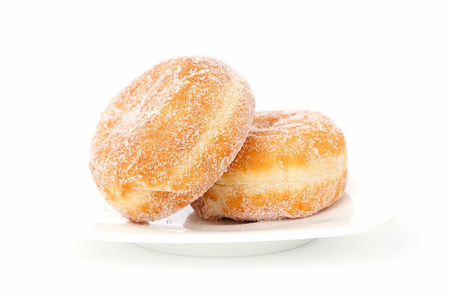 two, doughnuts, sugar, saucer, berliner, breakfast, bun, cake, dessert, donut
