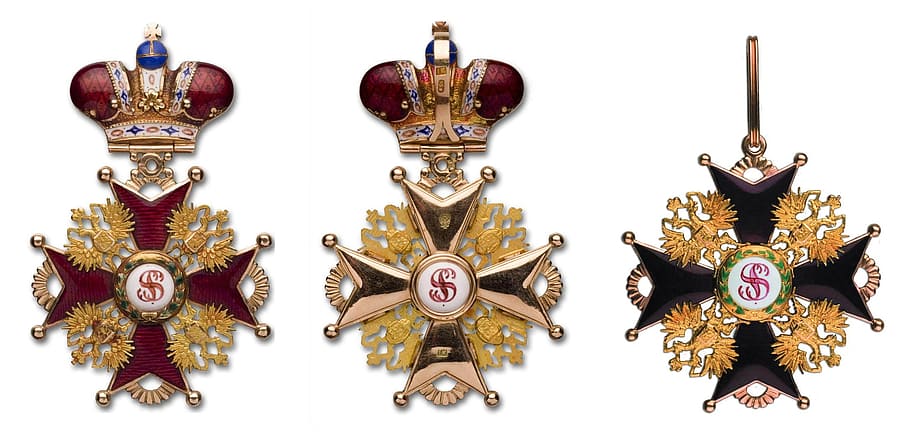 coronas de tres puertas, orden del imperio ruso, decoración, cruz, corona, premio real, orden rusa, monograma, dorado, joyas