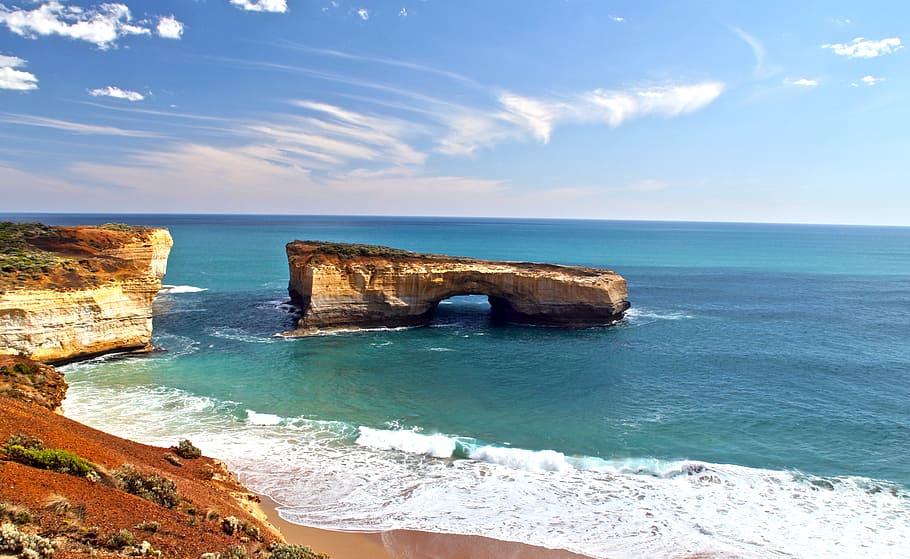 formação de pedra, mar, dia, ponte de londres, austrália, rocha, agua, falésias, surfar, azul