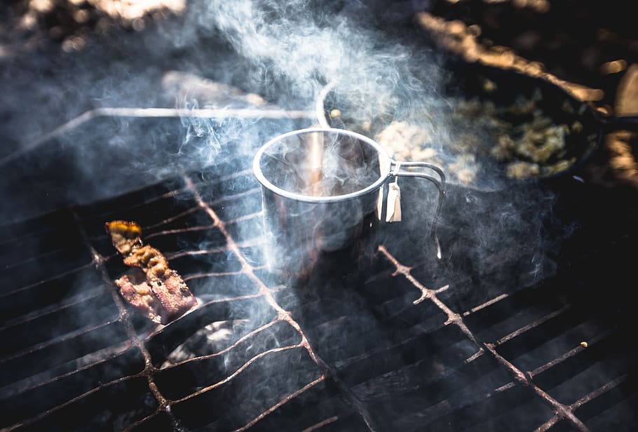 grill, camp, food, tin, mug, smoke, grates, bokeh, cooking, smoke - physical structure