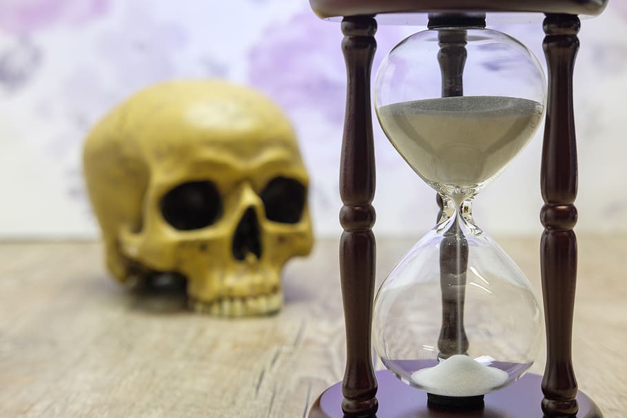 time, hourglass, clock, past, pass, skull and crossbones, sand, human skeleton, focus on foreground, close-up