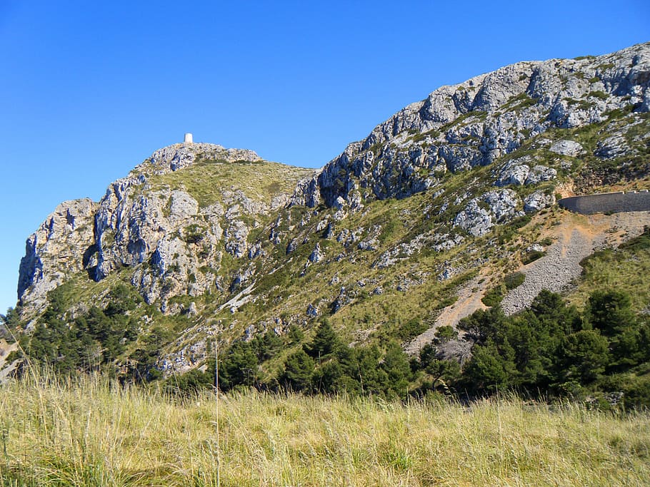 majorca, hill, mountain, tree, forest, mountains, landscape, rock, nature, tower