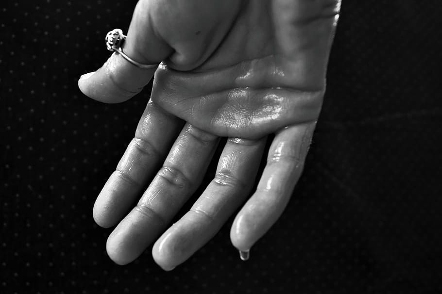 grayscale photography, person, hand, wearing, ring, hyperhidrosis, sweating, sweat glands, outburst, purification