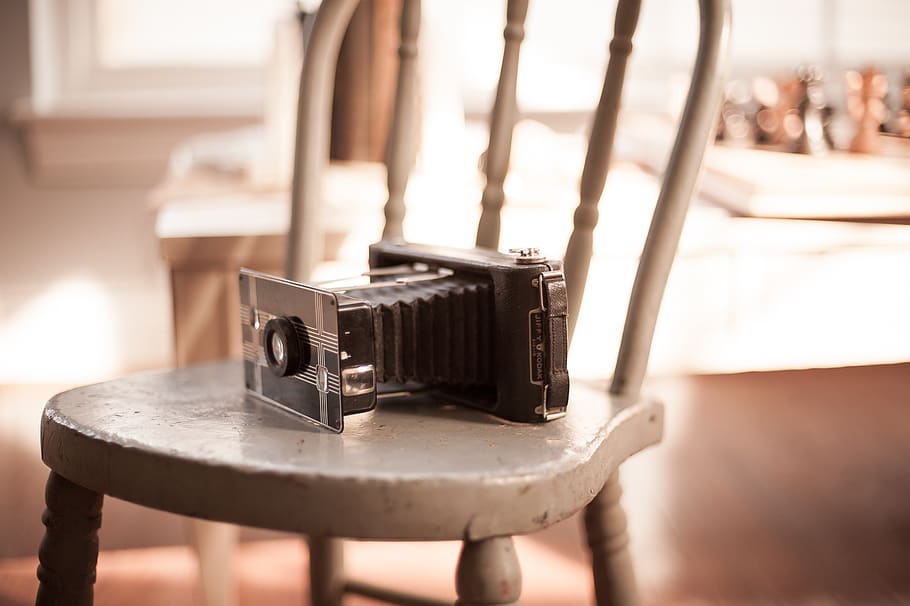 cámara, antiguo, vintage, película, silla, analógico, en el interior, tecnología, primer plano, estilo retro