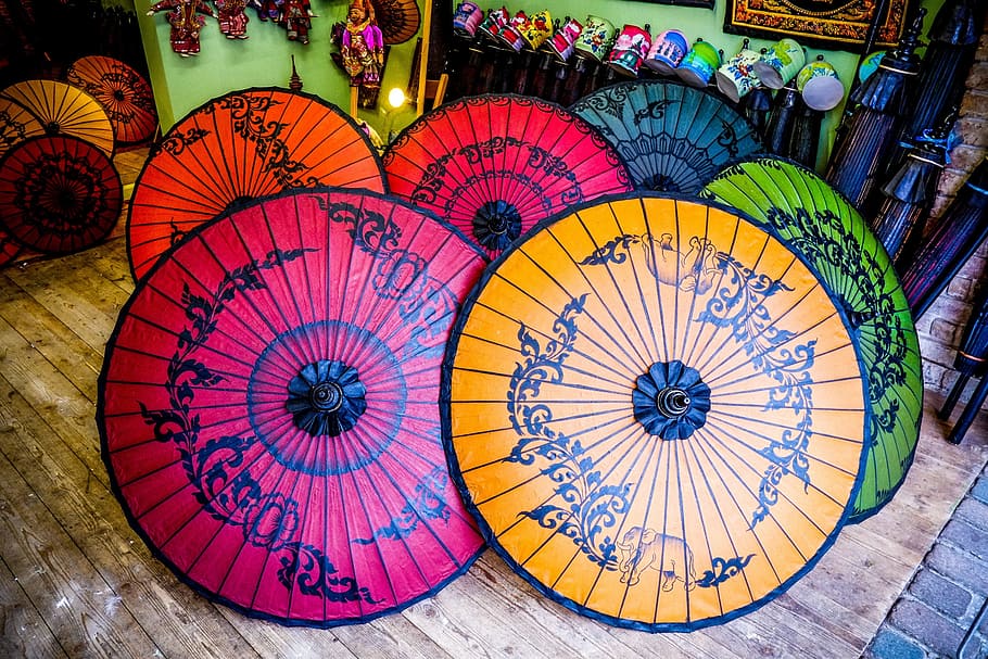 six, assorted, color umbrellas, color, umbrellas, oriental umbrellas, multi color, oriental, umbrella, sunshade