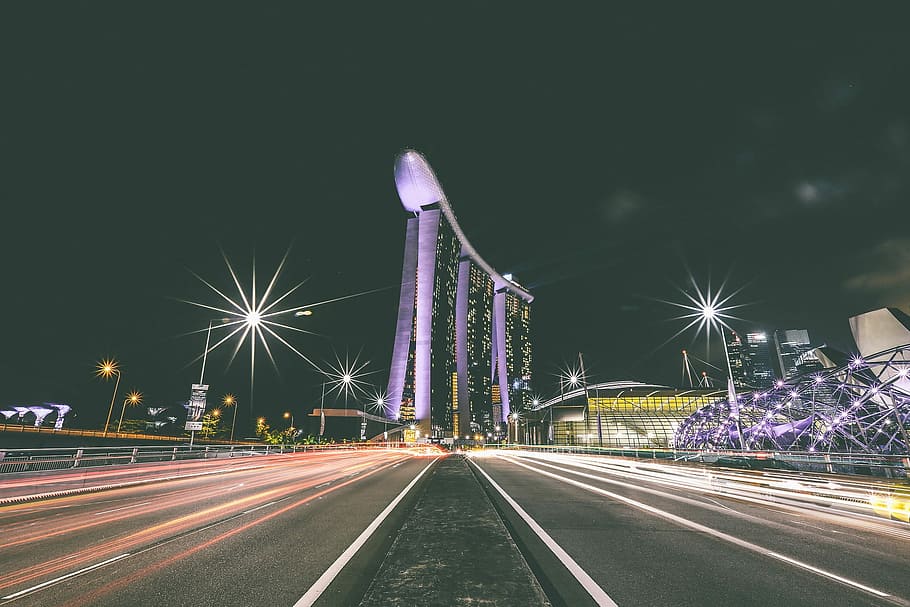 time lapse photography, center island, highway, next, night time, Marina Bay Sands, night, traffic, street, cityscape