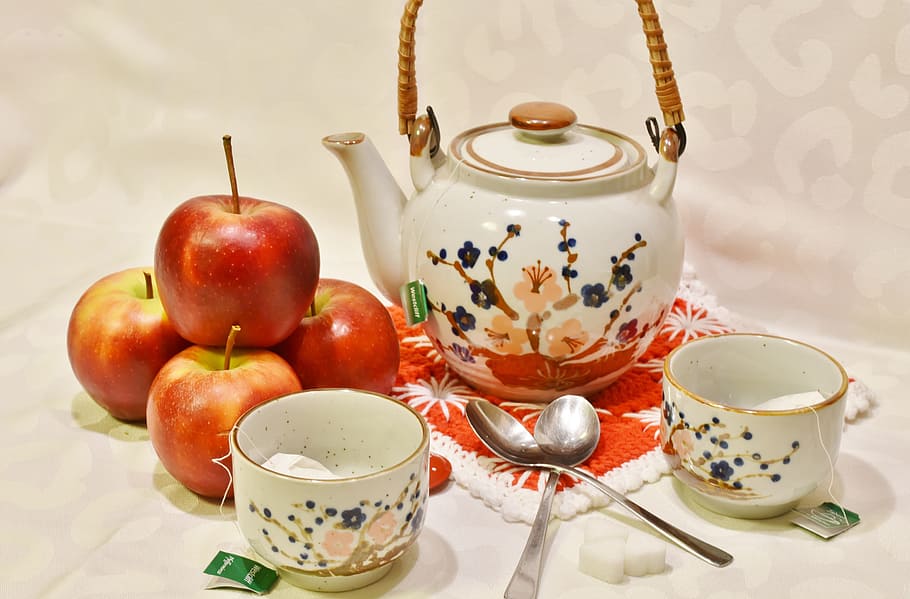 four, red, apples, white, multicolored, ceramic, teapot, two, teacups, spoons