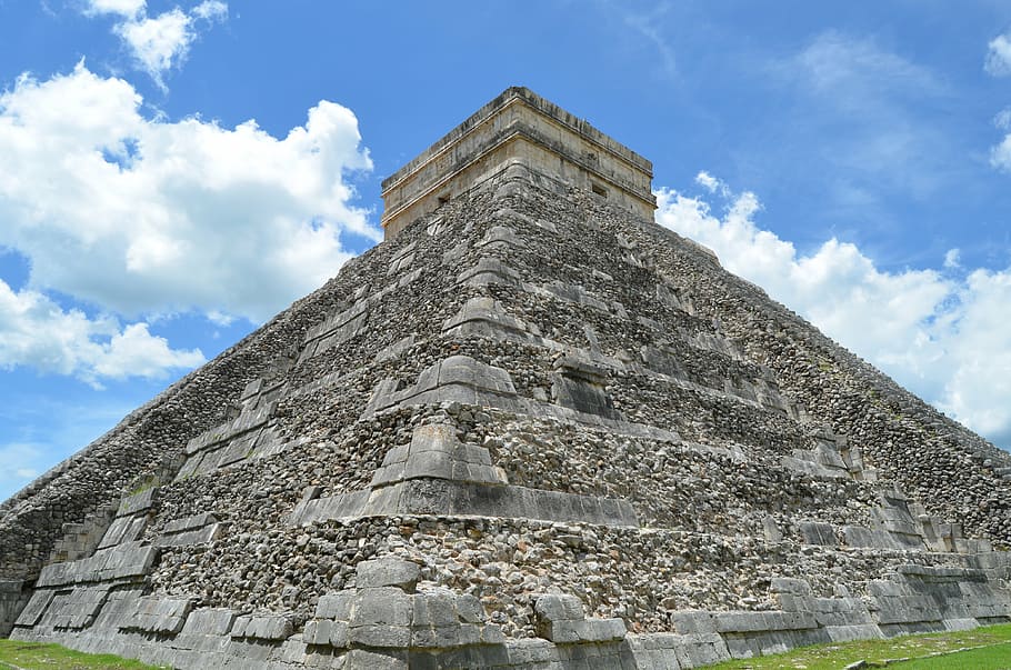 brown, gray, concrete, pyramid, white, cloudy, sky, mayan, mexico, history