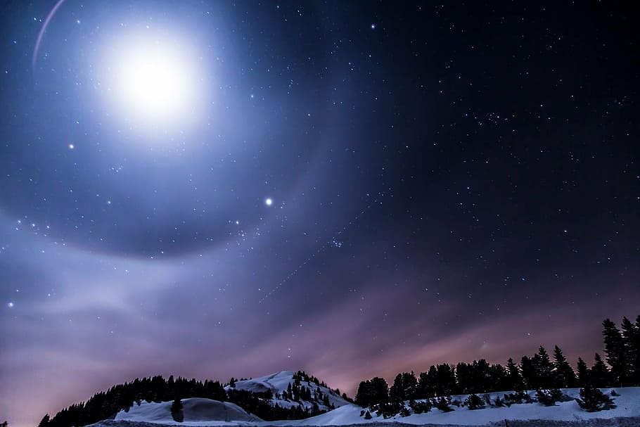 lapangan salju, cahaya bulan, switzerland, gurnigel, paparan panjang, bintang, gunung, lampu, langit malam, kota