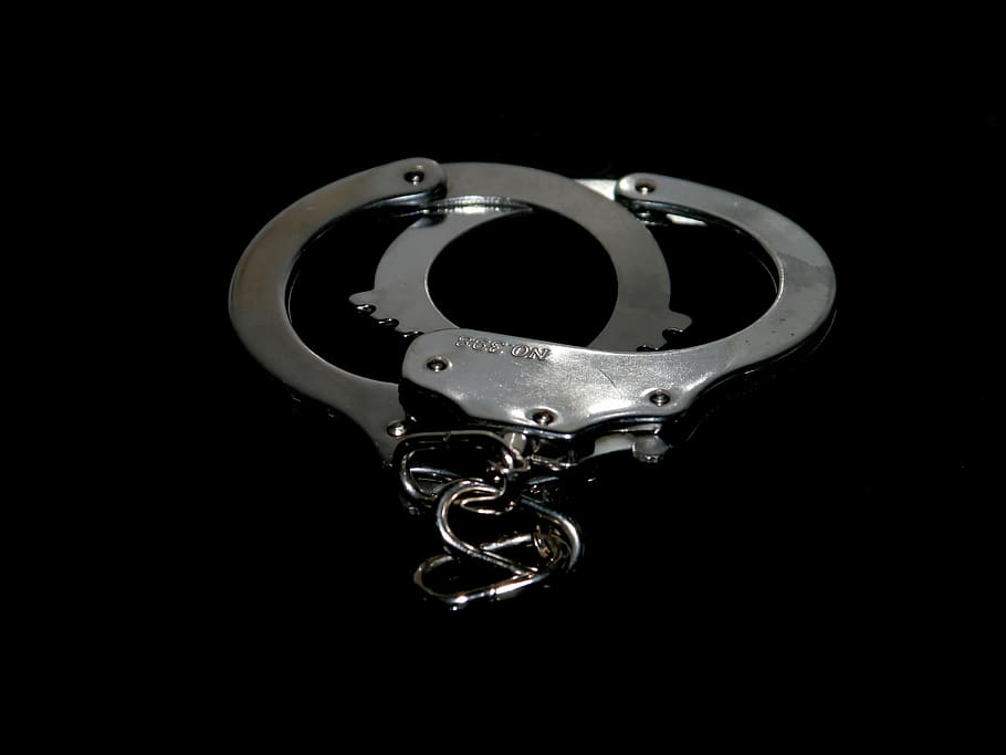 locked gray handcuffs, handcuffs, 8, black silver, caught, metal, steel, chain, security, crime