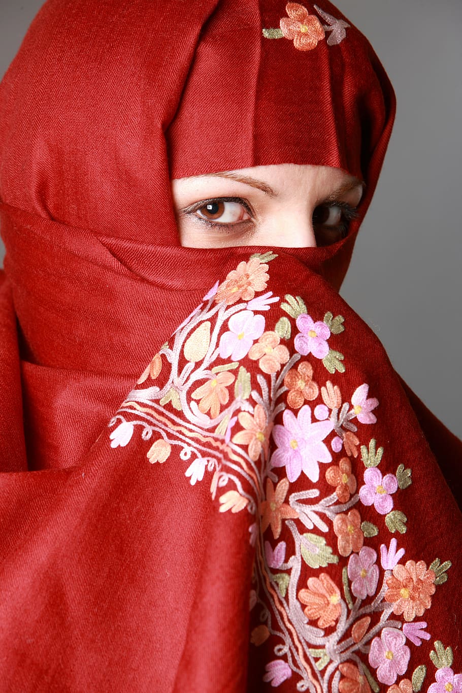 женщины, Красный, пурпурный, белый, цветочный, Головной убор из никаба, Муслима, мусульманская женщина, глаза, Мода
