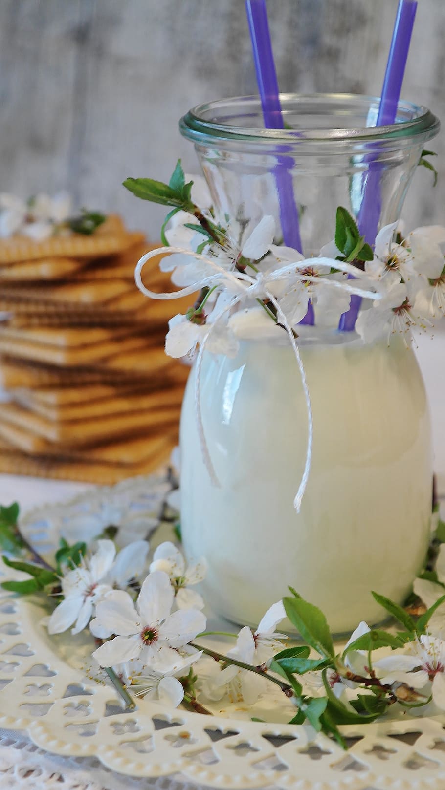 selective, focus photography, filled, glass vase, milk, cookies, butter biscuits, glass, glass of milk, flower