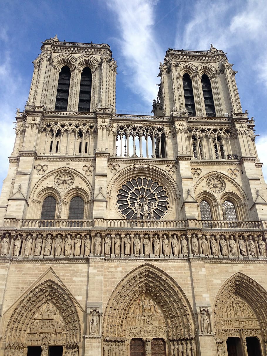 Estructura de edificio marrón, iglesia, monumento famoso, Francia, monumento, Notre Dame, Notre Dame de París, París, santo, cielo