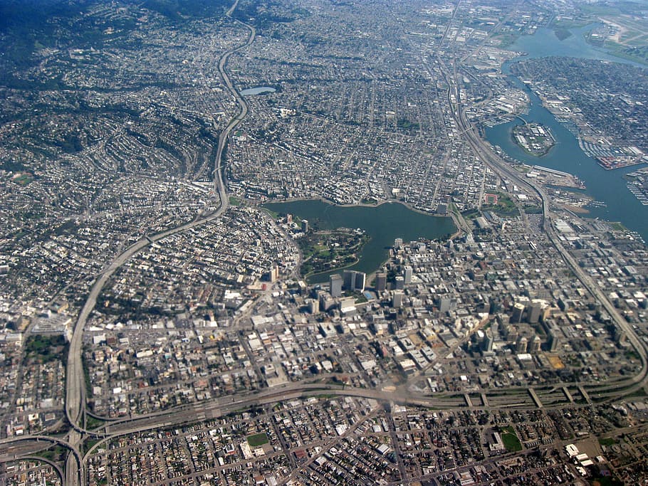 aerial, view, center, oakland, california, Aerial view, Oakland, California, buildings, photos, houses