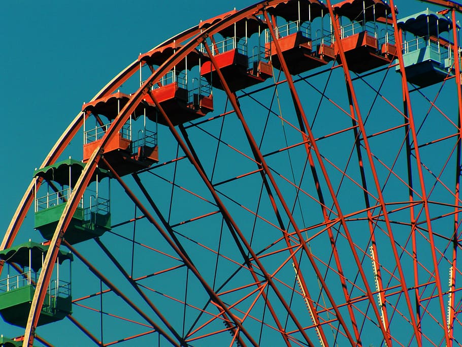 red, ferris, wheel, daytime, view, empty, seats, ferris wheel, amusement park, ride