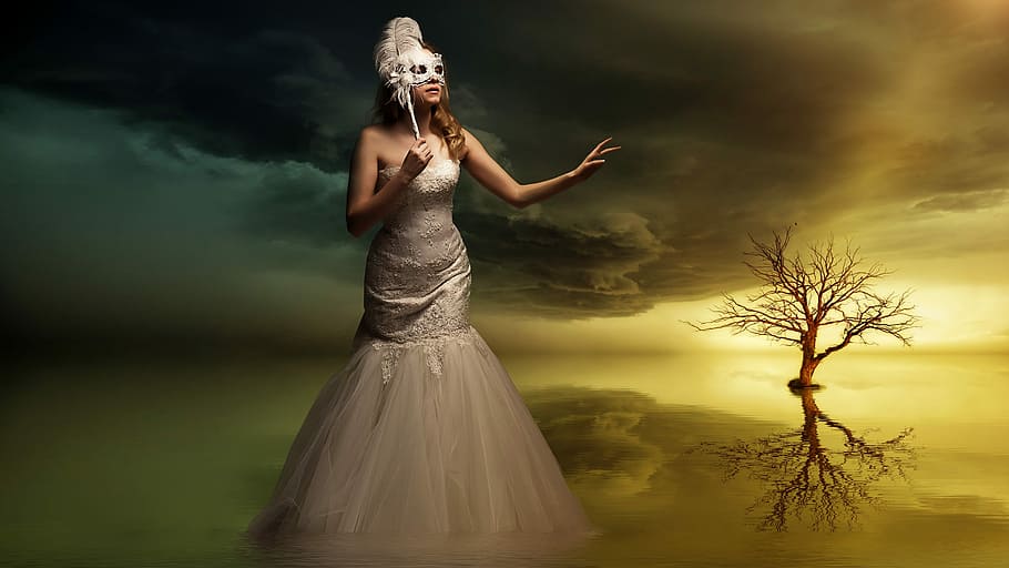 woman, white, trumpet dress, standing, away, bale tree, gothic, fantasy, dark, girl