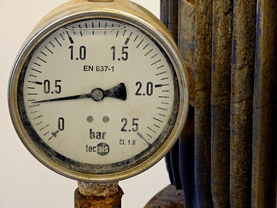 Pressure Gauge, Water Pressure, gauge, ad, valve, old, stainless, rusty, industrial, pressure display