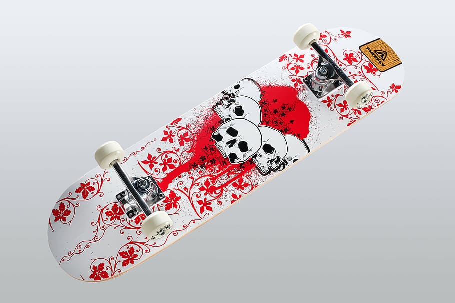 white, red, black, floral, skateboard, move, roll, leisure, skateboarden, means of transport