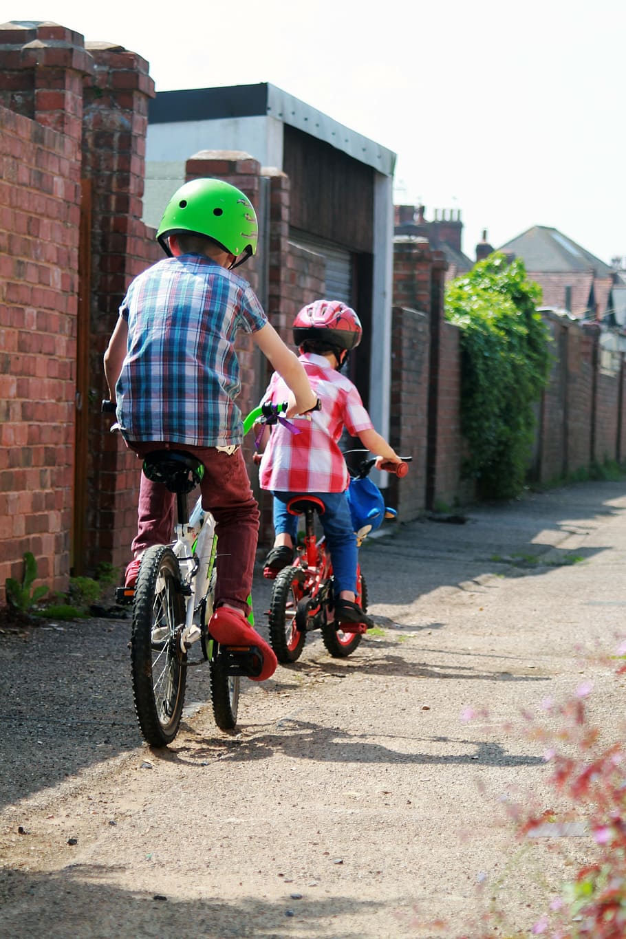 two, children, riding, bike, alley, bicycles, bicyclists, bikes, boys, child