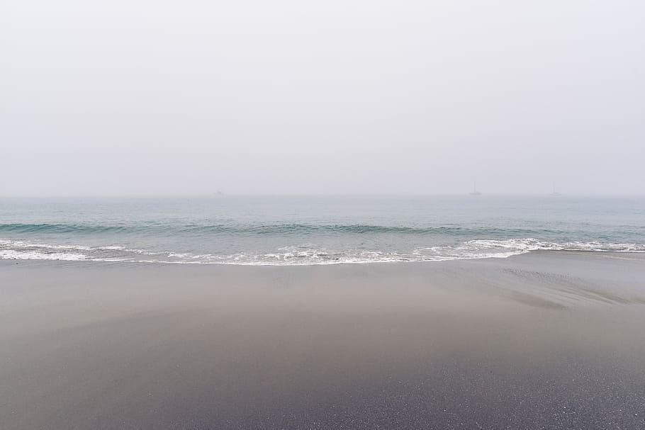 beach shore, foggy, weather, beach, shore, foggy weather, cloudy, gray, sand, sea