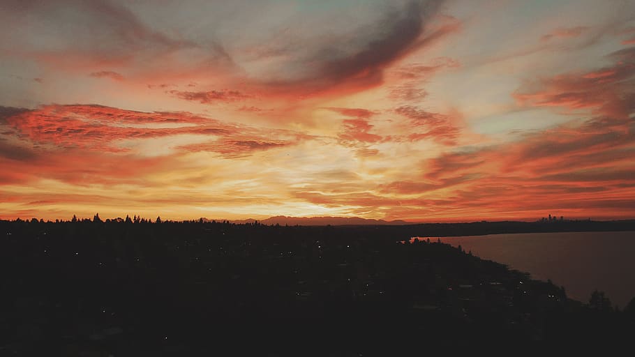 aerial, city, sunset, drone, sky, clouds, dusk, evening, water, seattle