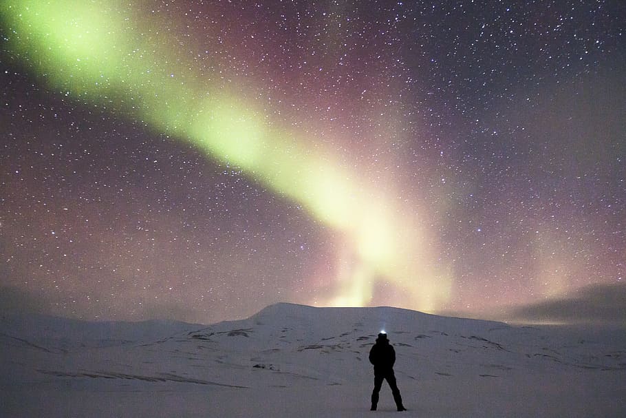 man, standing, middle, snow-covered, field, aurora borealis, background, Aurora, northern lights, adventure