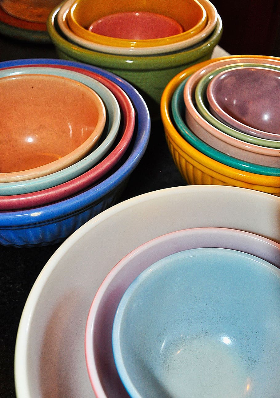 Bowls, Mixing, Food, Mix, mixing bowls, kitchen, ingredients, baking, vintage, colorful