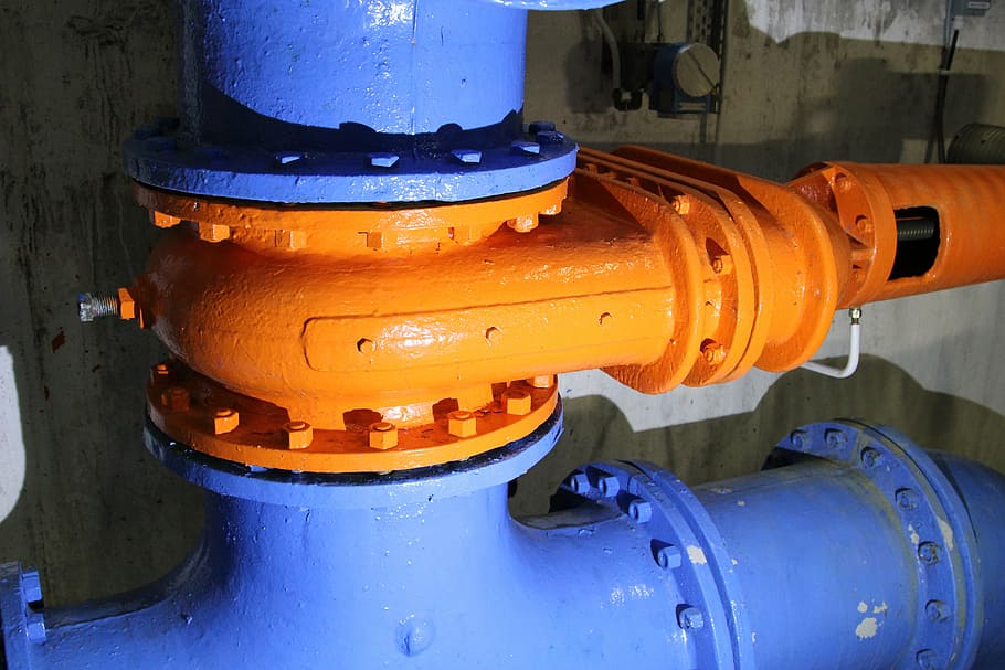 valve, forsvik, tube, water, metal, blue, orange color, industry, close-up, pipe - tube