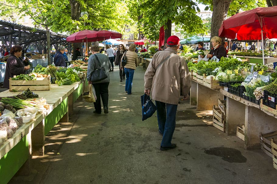 people, walking, pathway, vegetable, stands, market, vegetable market, farmers local market, market stall, food