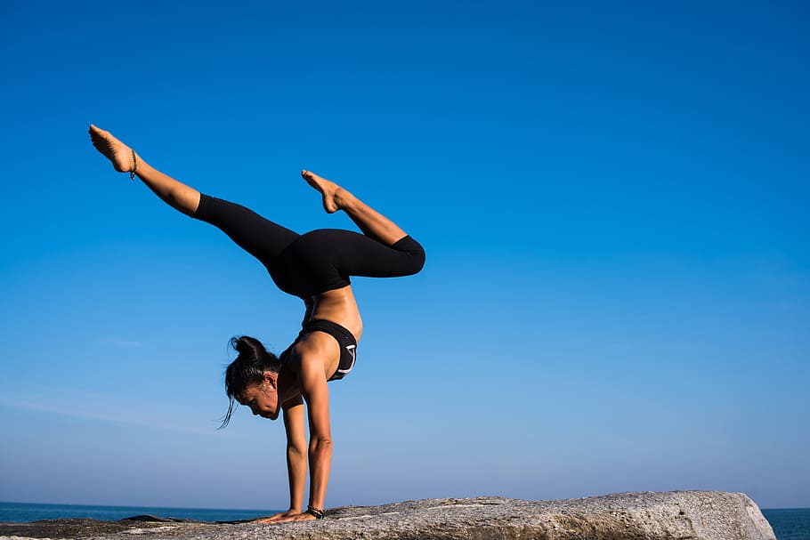 woman black leggings, people, woman, yoga, meditation, fitness, health, clouds, sky, rock