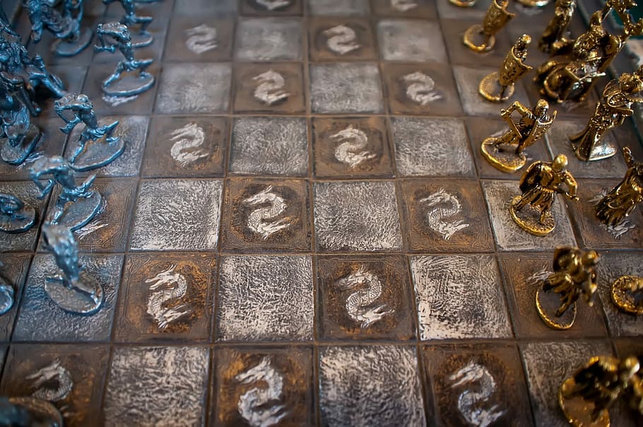 chess board, gold, silver chess piece, set, Backlight, Black, Board, Brain, age, black, board
