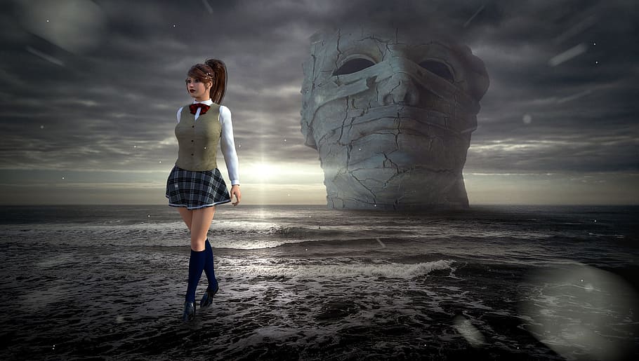 woman, wearing, gray, white, uniform, fantasy, sea, mystical, sculpture, clouds