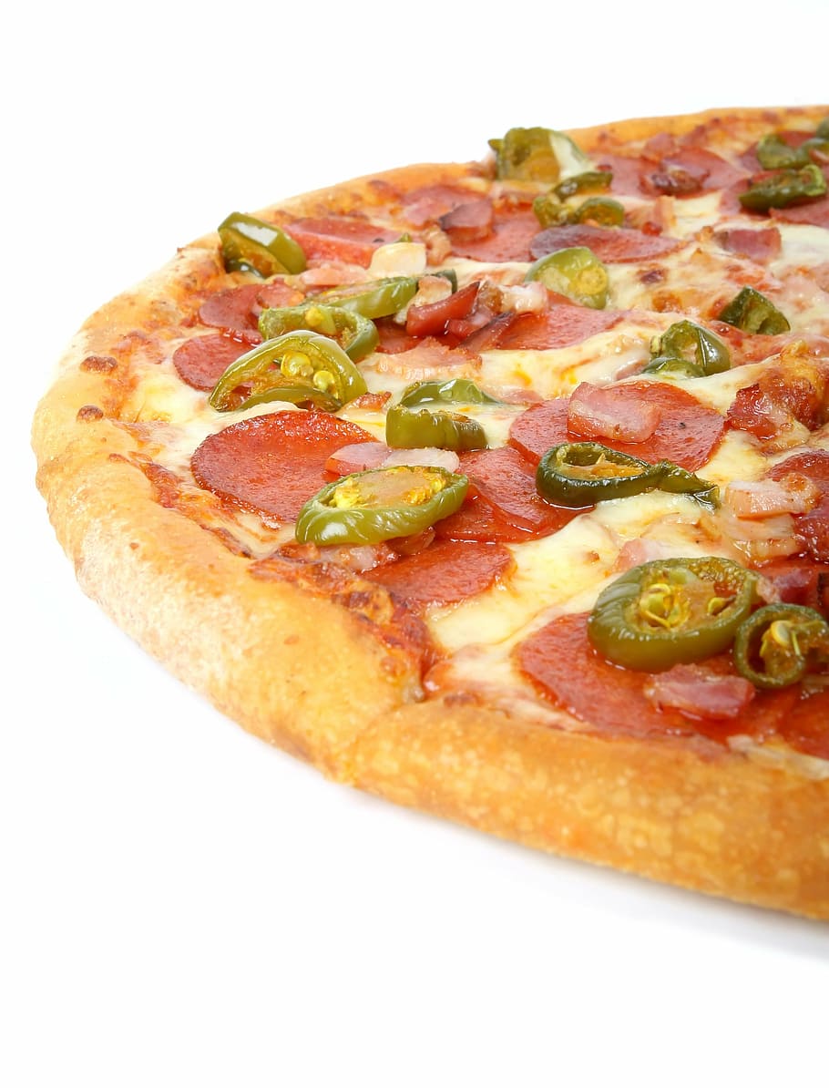 cooked pizza, american, bacon, bread, cheese, cheesy, deliver, delivery, diet, dough