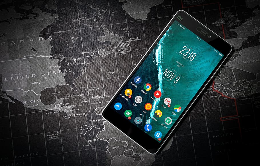 hitam, smartphone android xioami, atas, ilustrasi peta dunia, android, aplikasi, ponsel, komunikasi, tanggal, tampilan