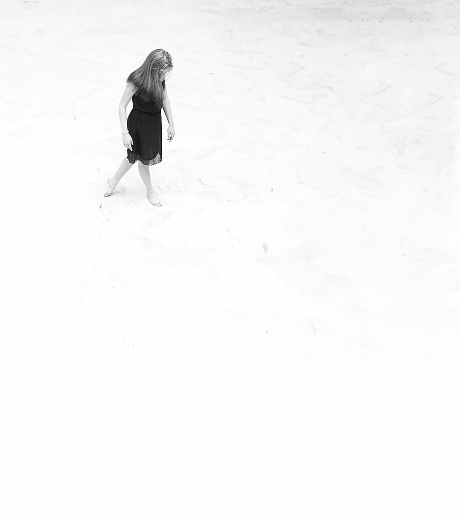 woman, walking, sand, people, girl, kid, child, black and white, dance, perform