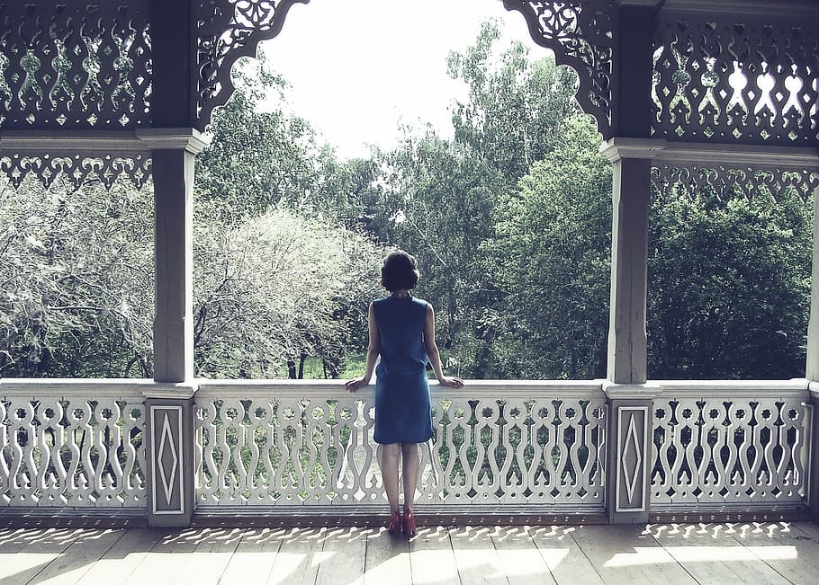 woman, standing, balcony, facing, trees, nature, dress, krasivye, girl, atmosphereat